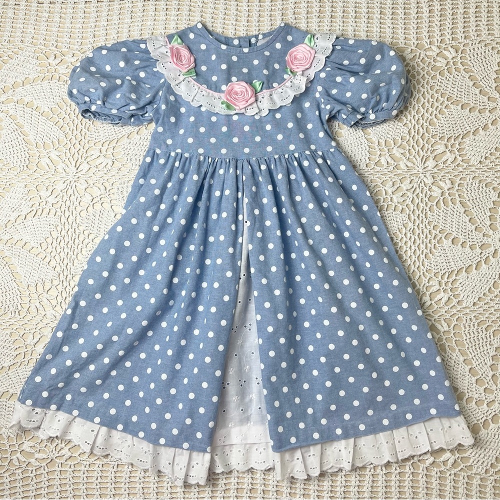 Vintage 1990s Playclothes Girls 5 Chambray Blue Polka Dot Long Dress
